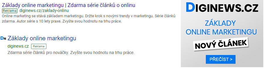 PPC reklama ve vyhledávání a displejová reklama - ukázka